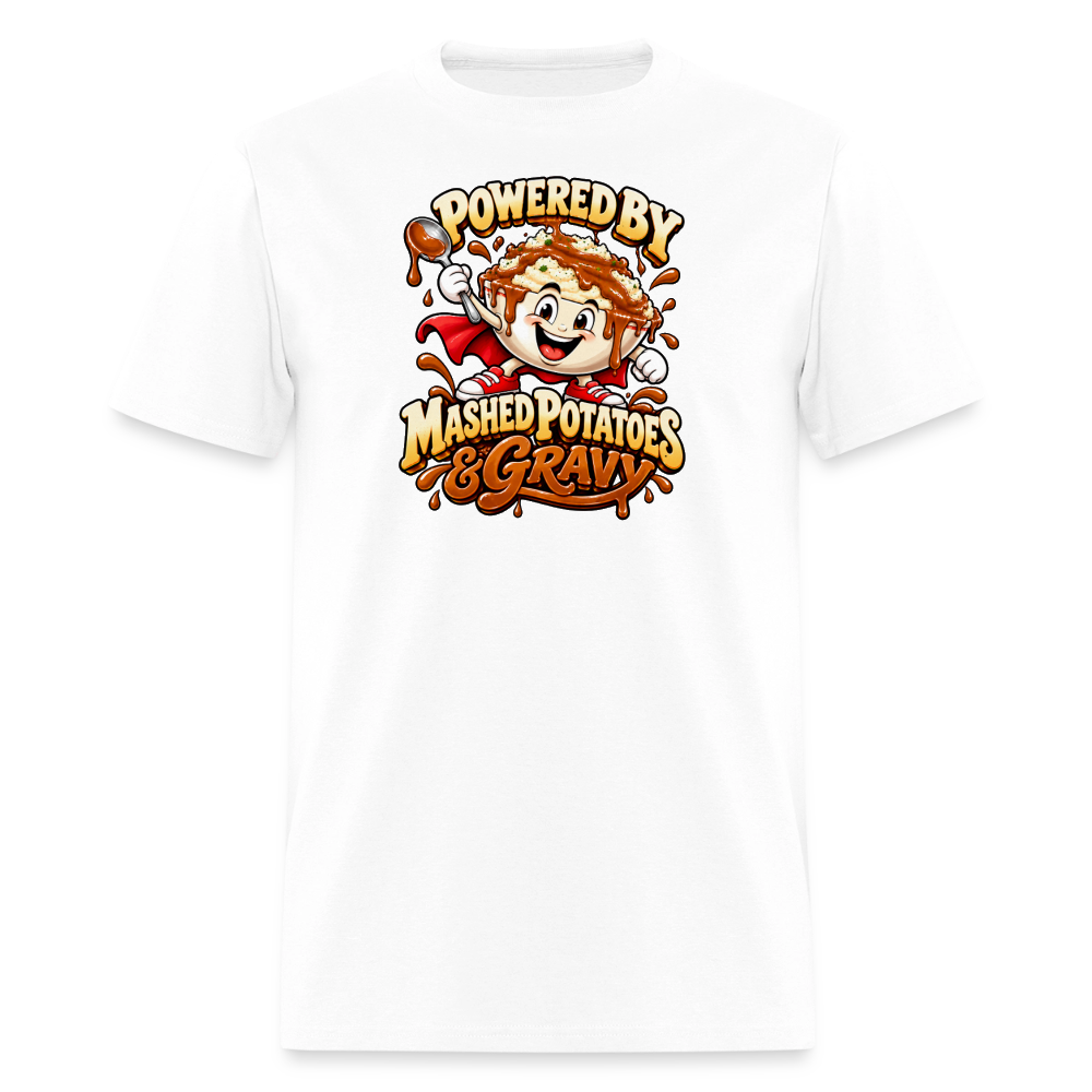Powered by Mashed Potatoes & Gravy – Superhero T-Shirt - white