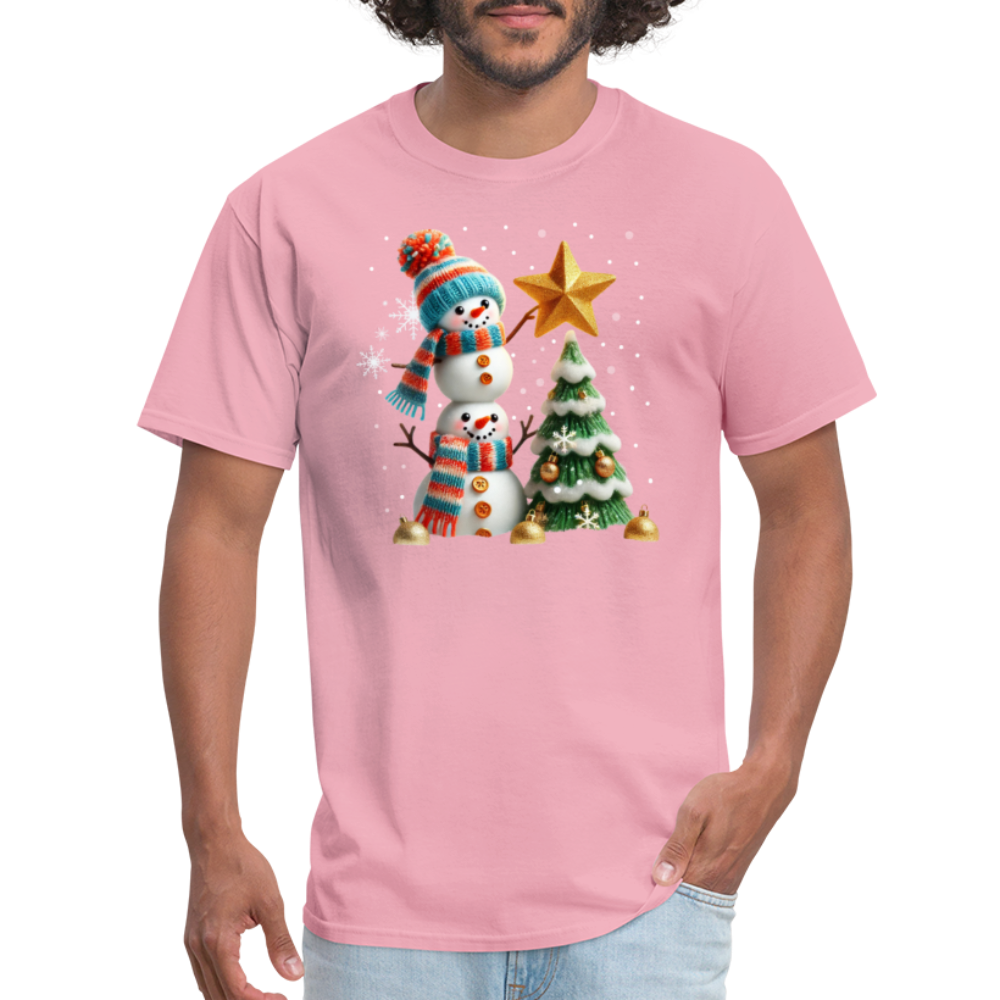 Cute Christmas Funny Snowman Decorating Tree T-Shirt - pink