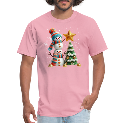 Cute Christmas Funny Snowman Decorating Tree T-Shirt - pink