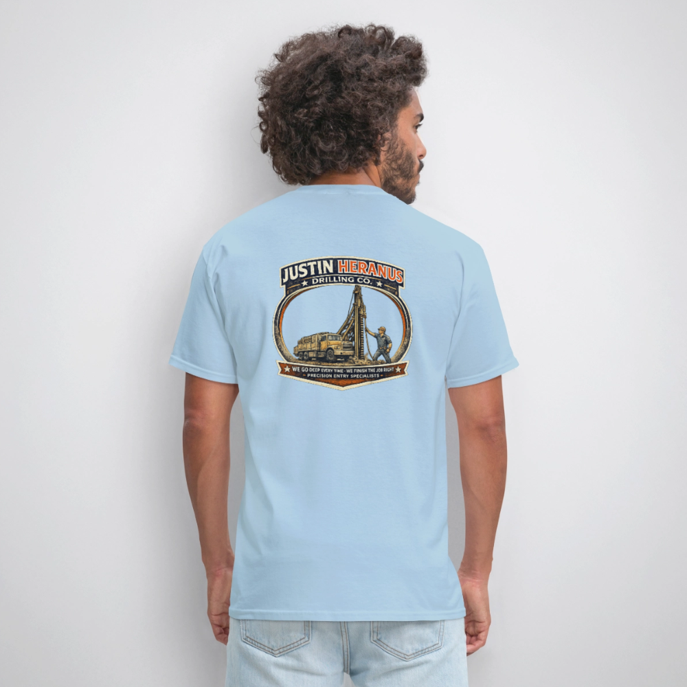 Justin Heranus Drilling Co Double Sided Funny Humor Tee - powder blue
