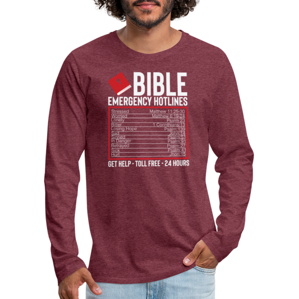 Bible Emergency Hotline (Scriptures) Men's Premium Long Sleeve T-Shirt - heather burgundy