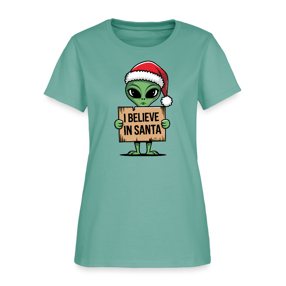 I Believe in Santa Women’s T-Shirt – Alien Christmas Tee Color: aquatic