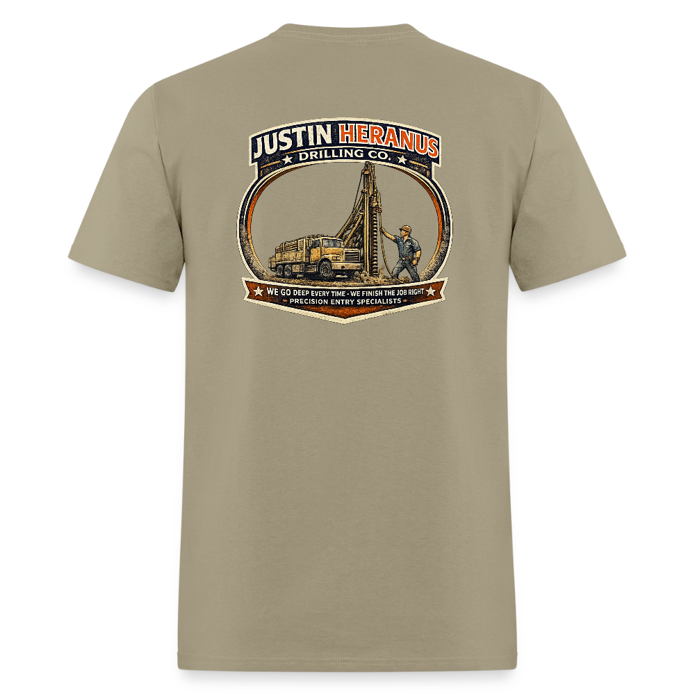 Justin Heranus Drilling Co Double Sided Funny Humor Tee - khaki