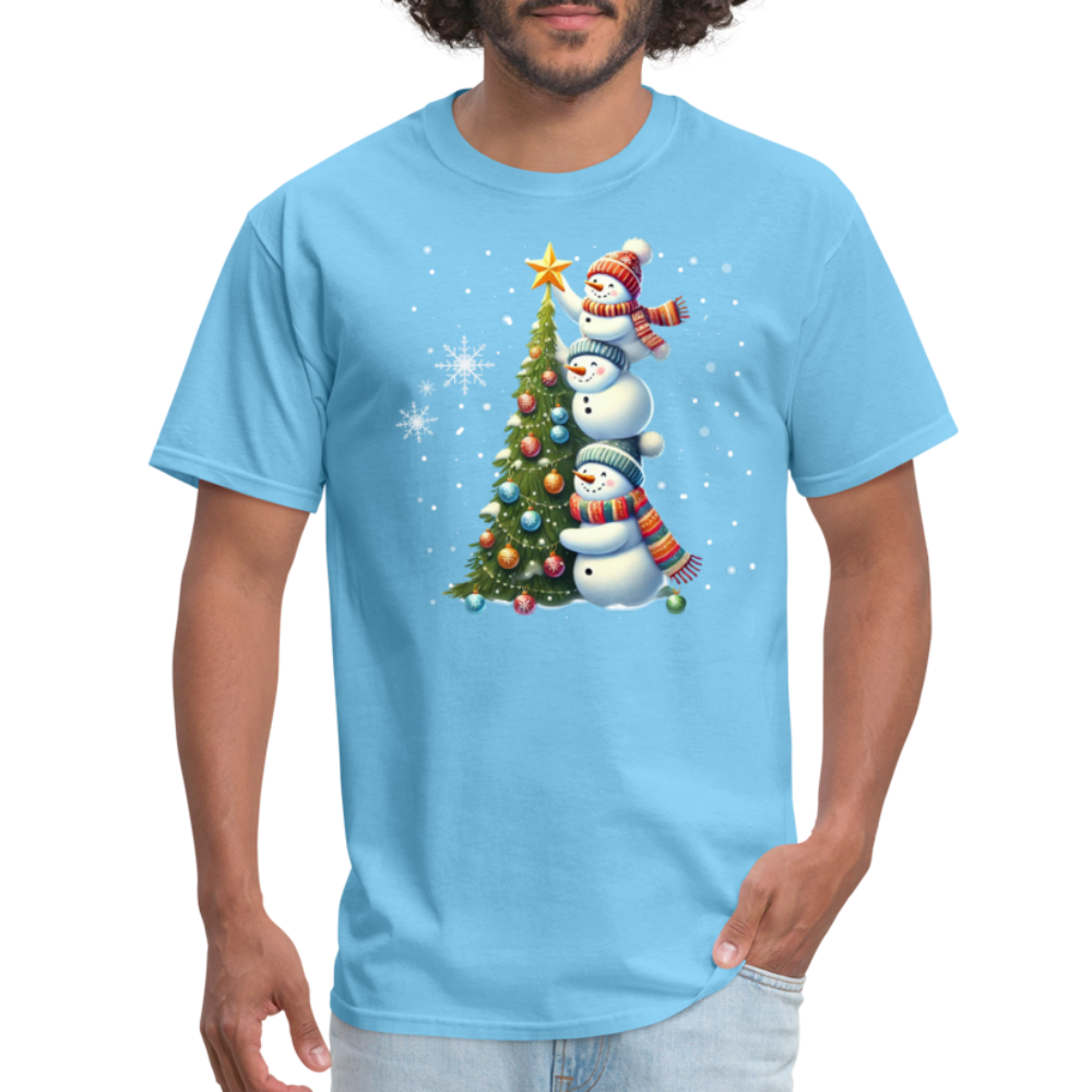 Cute Snowman Decorating Christmas Tree T-Shirt - aquatic blue