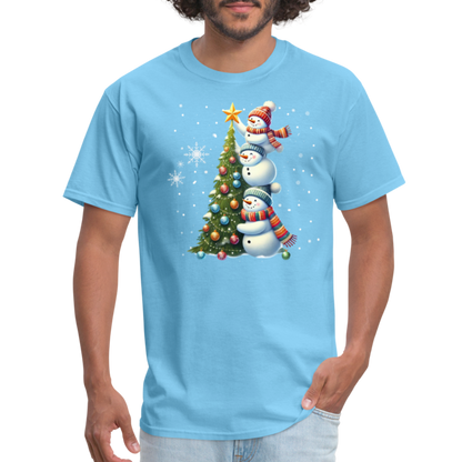 Cute Snowman Decorating Christmas Tree T-Shirt - aquatic blue