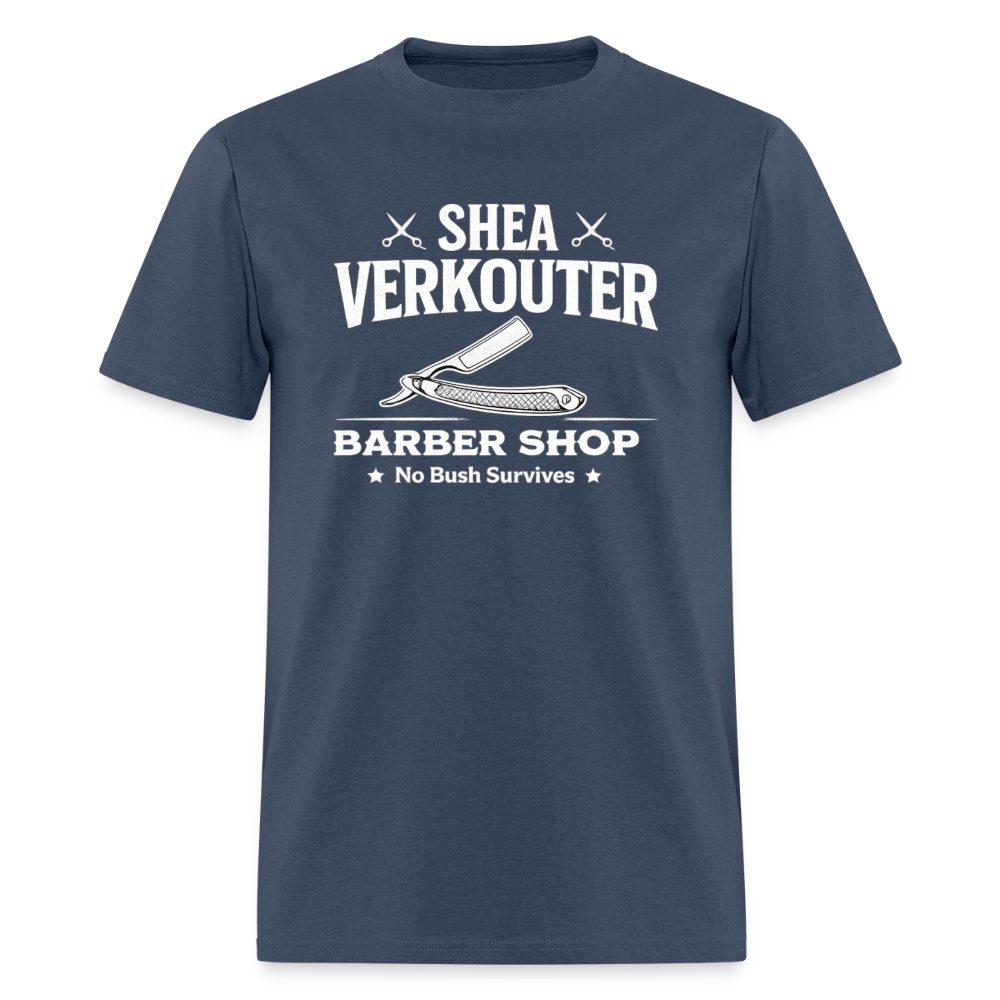 Shea Verkouter Barber Shop Funny Adult Humor T-Shirt Color: Blue Dusk