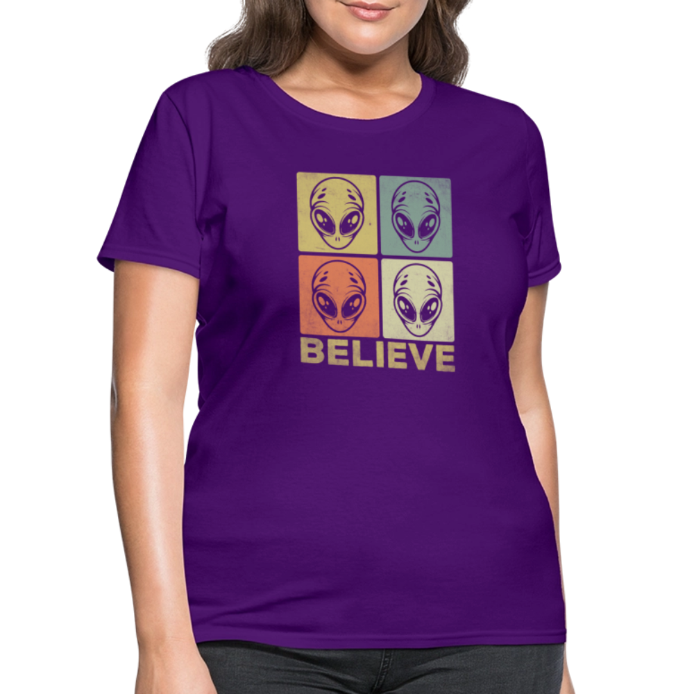 Believe Alien Women’s T-Shirt – Cute UFO Style with Alien Faces - purple