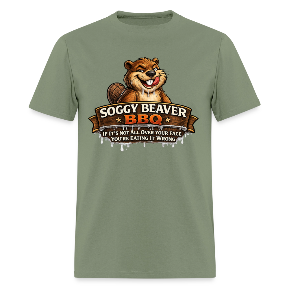 Soggy Beaver BBQ Funny Graphic T-Shirt Color: Military Green