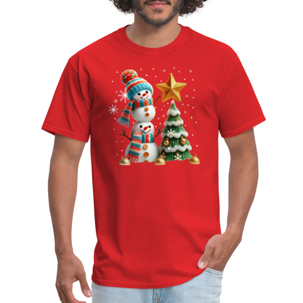 Cute Christmas Funny Snowman Decorating Tree T-Shirt - red