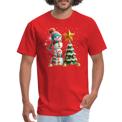 Cute Christmas Funny Snowman Decorating Tree T-Shirt - red