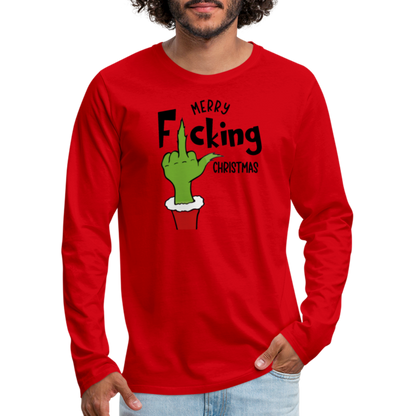 Merry F*cking Christmas Grumpy Middle Finger Men's Premium Long Sleeve T-Shirt - red