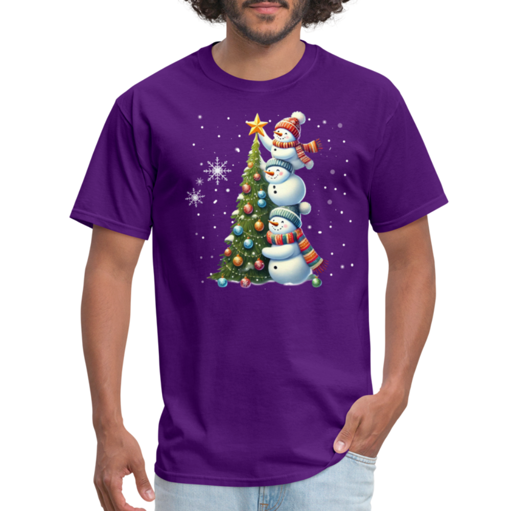 Cute Snowman Decorating Christmas Tree T-Shirt - purple