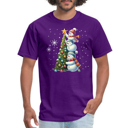 Cute Snowman Decorating Christmas Tree T-Shirt - purple