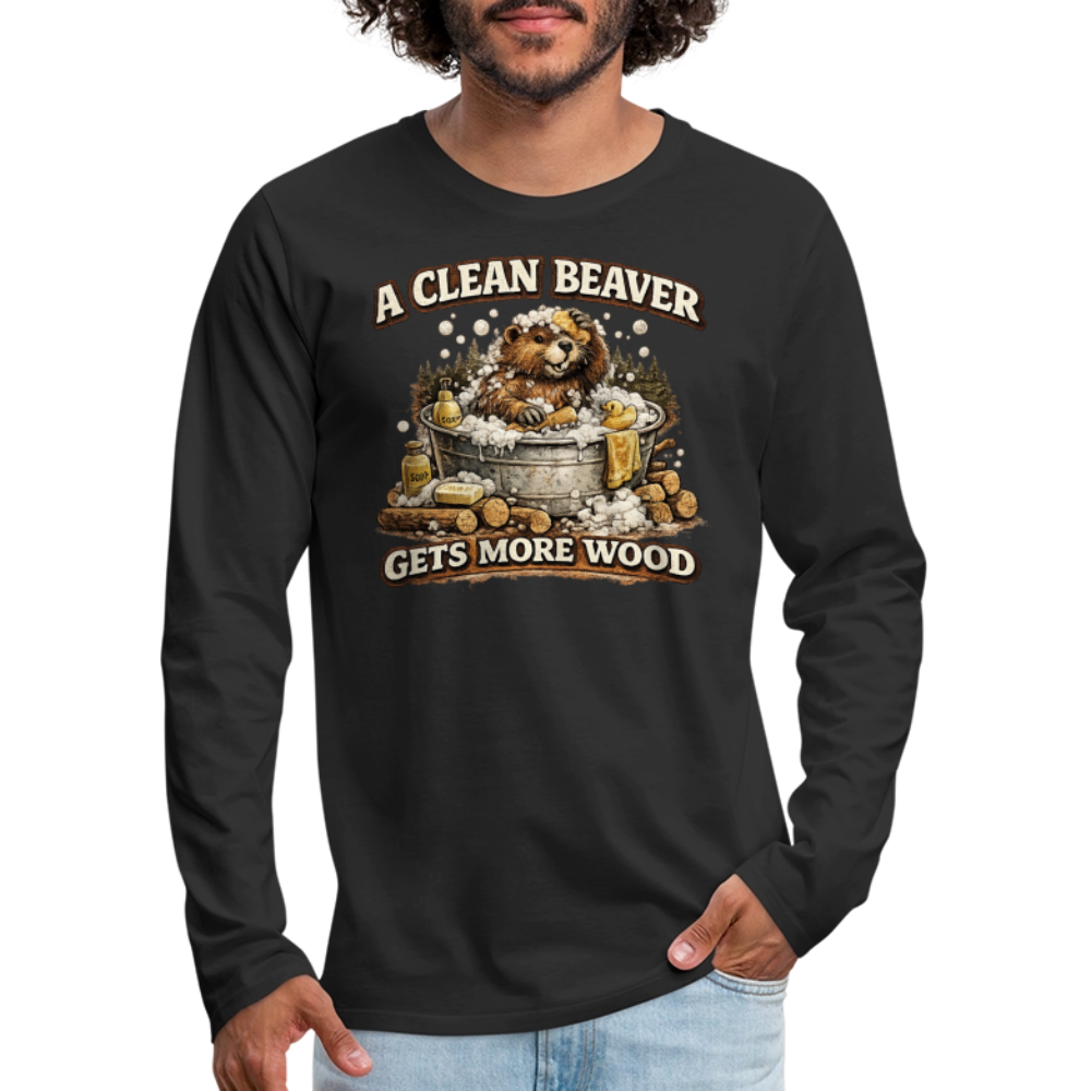 A Clean Beaver Gets More Wood Funny Adult Long Sleeve Tee - black