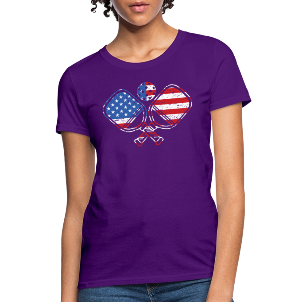 American Flag Pickleball Paddle Women's Contoured T-Shirt - purple