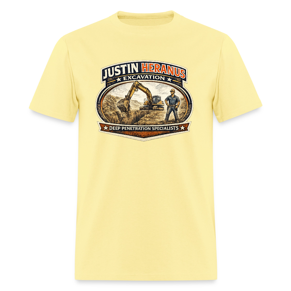 Justin Heranus Excavation T-Shirt Funny Adult Humor Tee - cornsilk