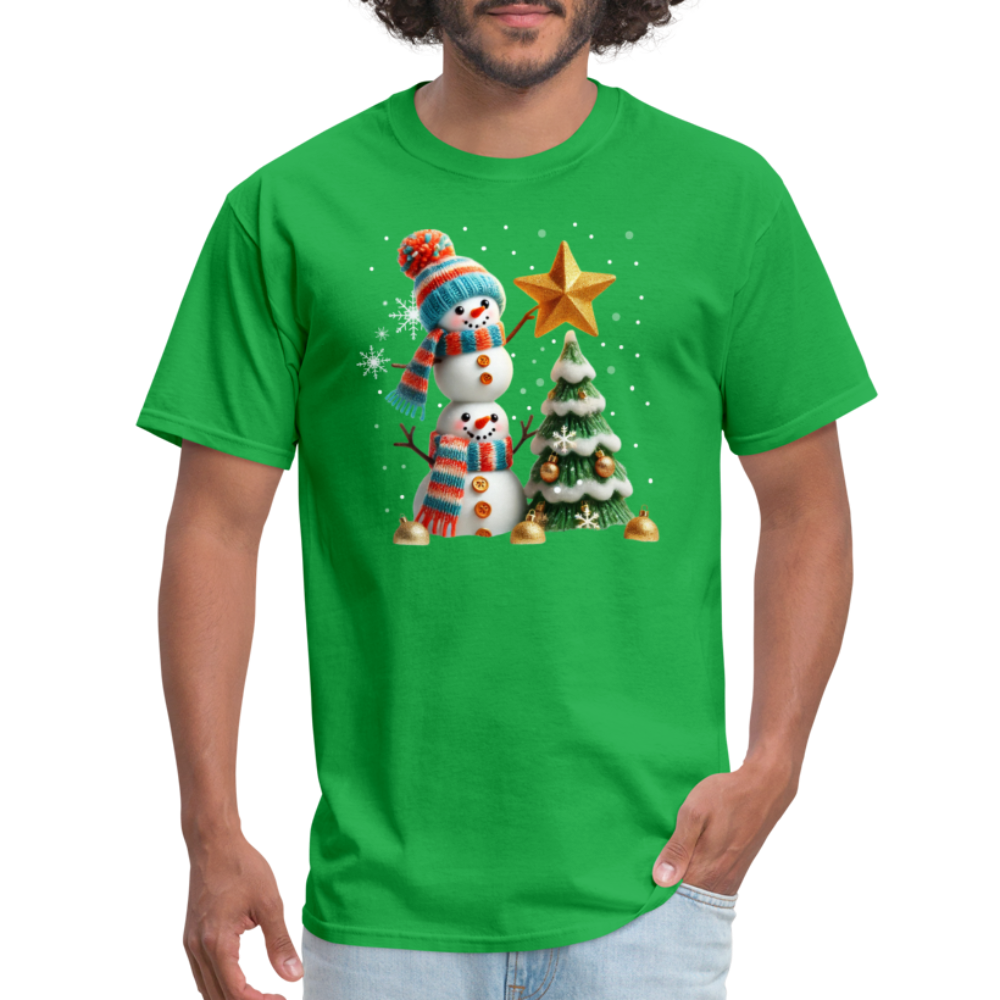 Cute Christmas Funny Snowman Decorating Tree T-Shirt - bright green