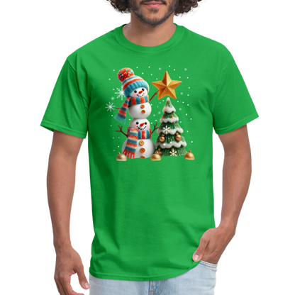 Cute Christmas Funny Snowman Decorating Tree T-Shirt - bright green