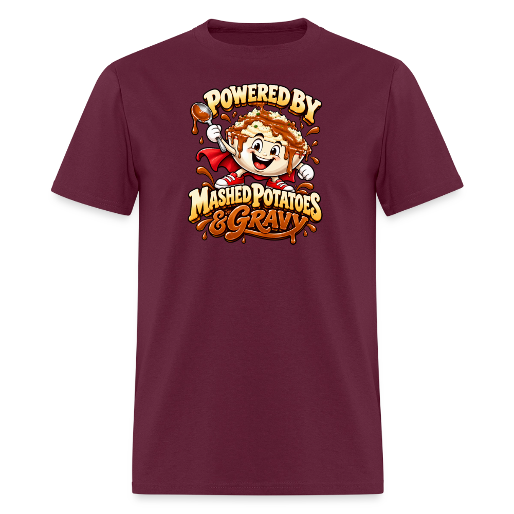 Powered by Mashed Potatoes & Gravy – Superhero T-Shirt - burgundy