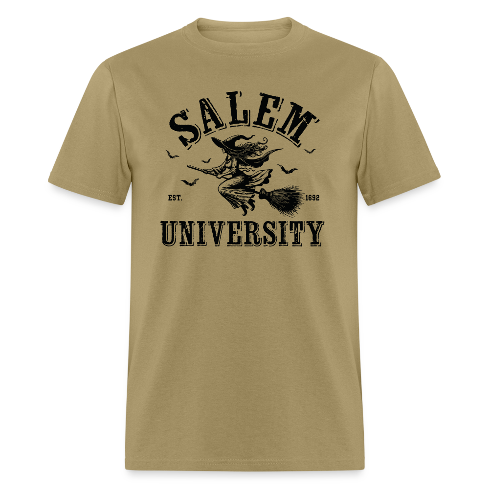 Salem University T-Shirt (Halloween Witch Riding Broom) - khaki