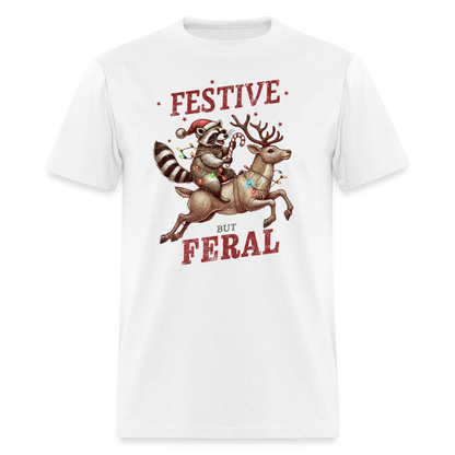 Festive But Feral Raccoon Christmas T-Shirt - white