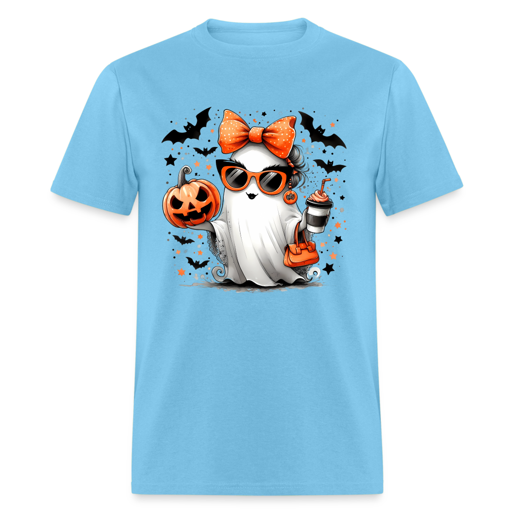 Cute Halloween Ghost with Pumpkins and Bats T-Shirt - aquatic blue