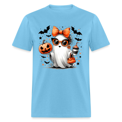 Cute Halloween Ghost with Pumpkins and Bats T-Shirt - aquatic blue