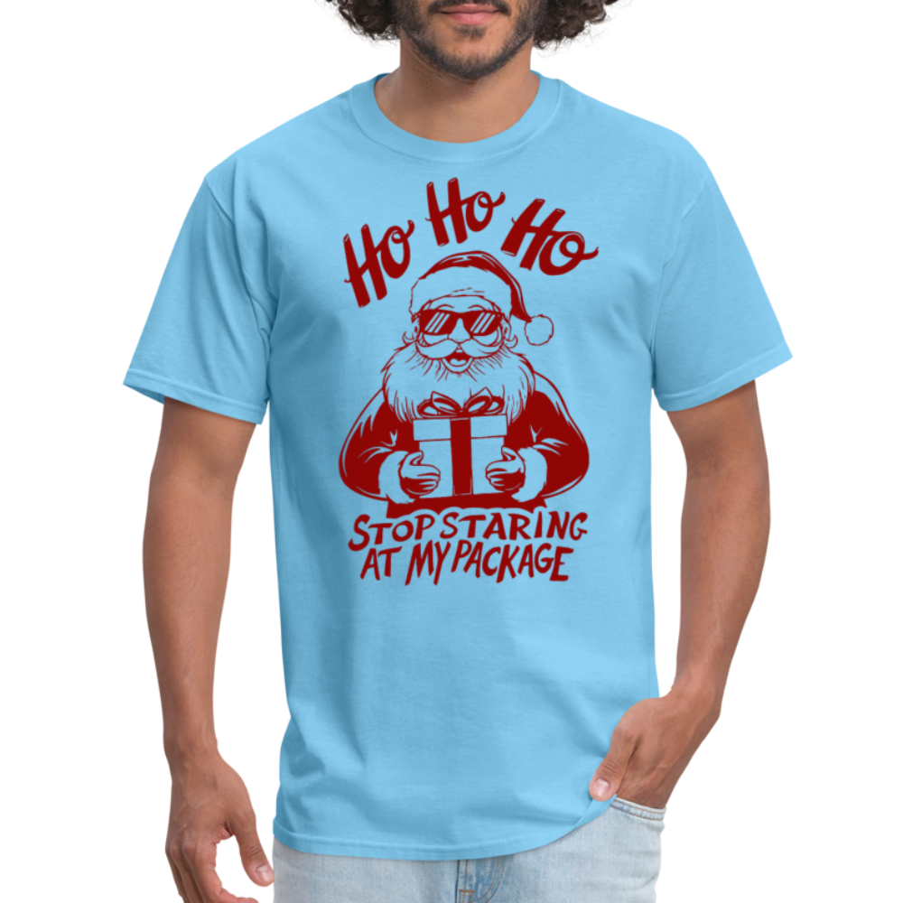 Ho Ho Ho Stop Staring Ay My Package (Funny Christmas Santa) T-Shirt - aquatic blue