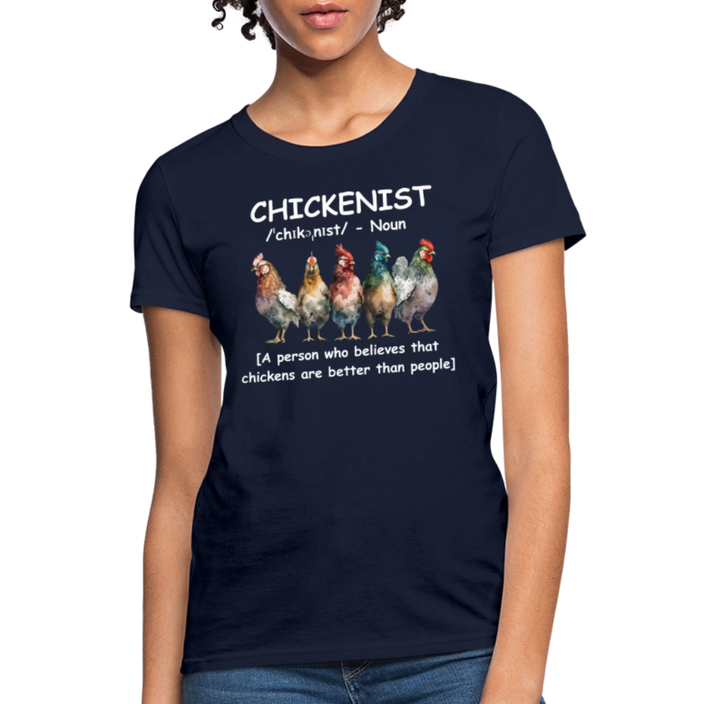 Chickenist Women's Contoured T-Shirt (Chickens are better than people) - navy