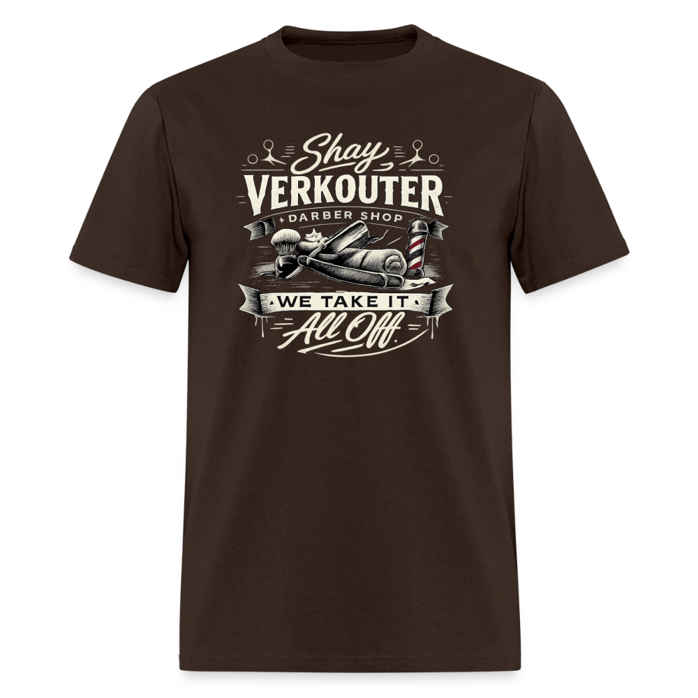 Shay Verkouter Barber Shop Funny Adult T-Shirt Color: Brown