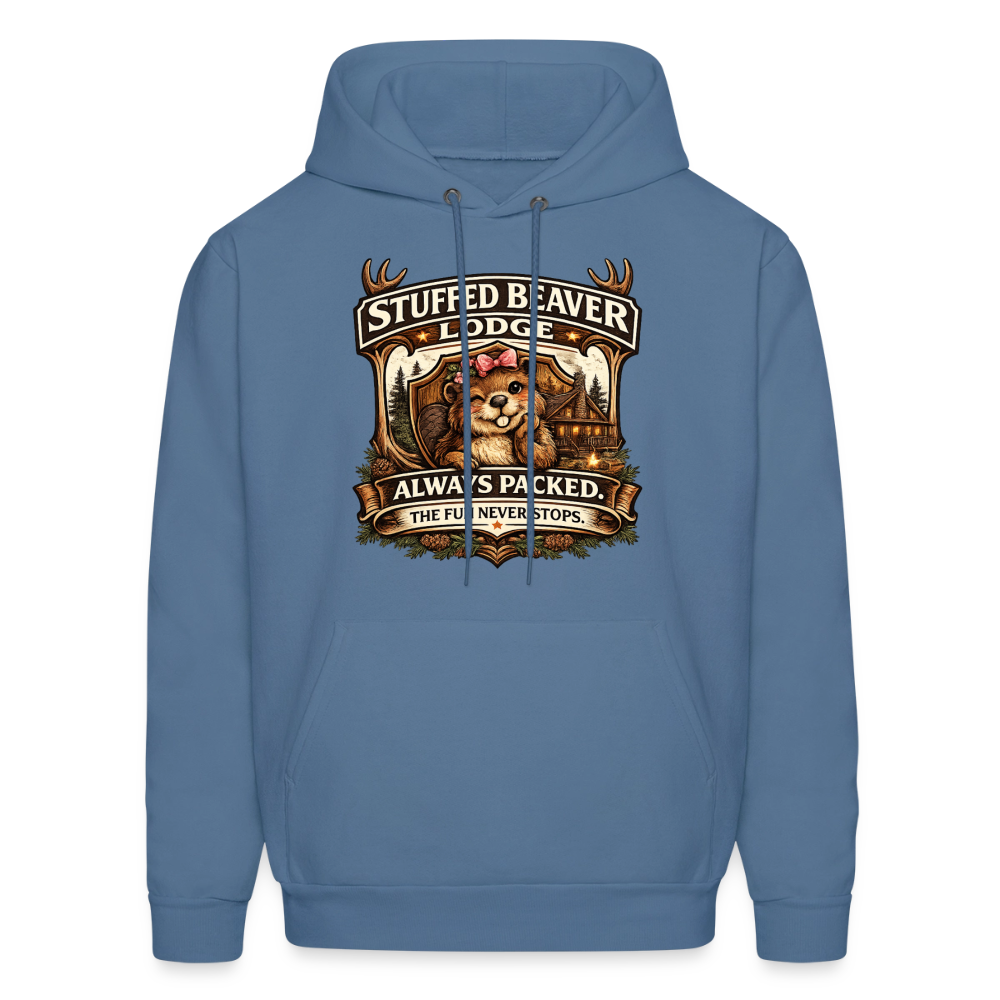 Stuffed Beaver Lodge Funny Adult Hoodie Color: Denim Blue