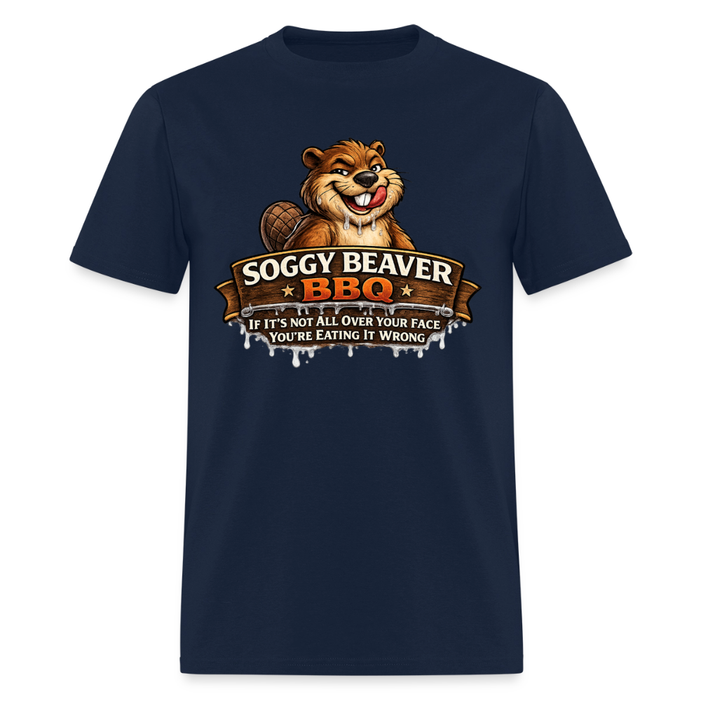 Soggy Beaver BBQ Funny Graphic T-Shirt Color: Navy