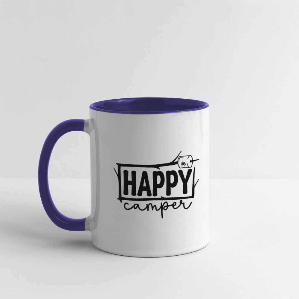 Happy Camper Coffee Mug – Funny Outdoor Toilet Paper Humor - white/cobalt blue