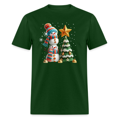 Cute Christmas Funny Snowman Decorating Tree T-Shirt - forest green