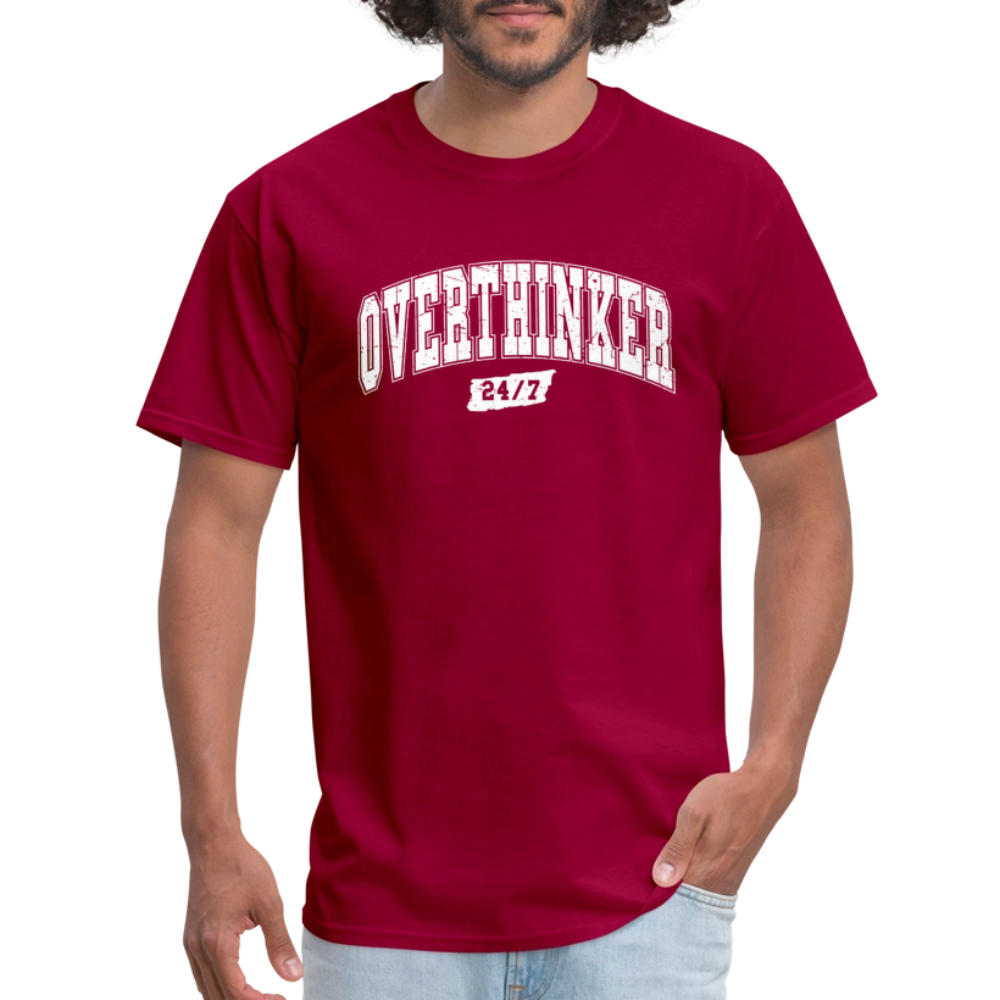 Overthinker 24/7 Funny T-Shirt – White Arched Letters Color: heather black