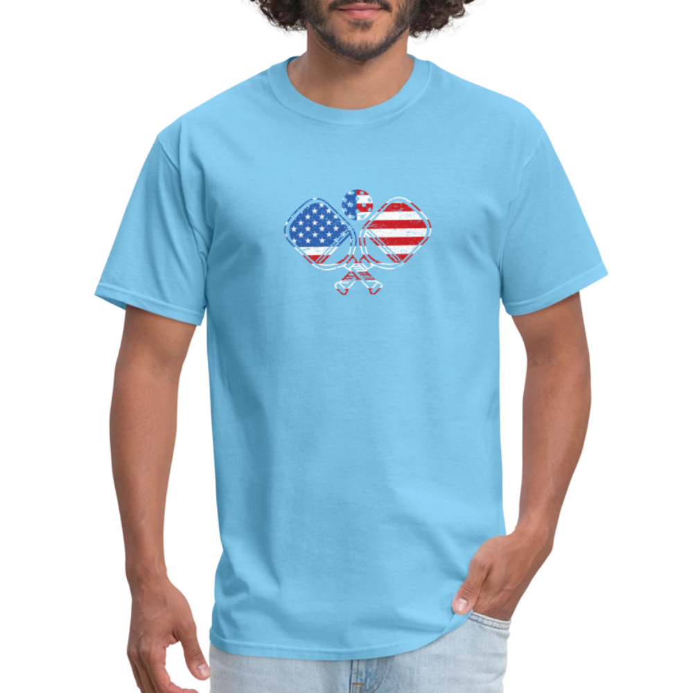 American Flag Pickleball Paddle T-Shirt - aquatic blue