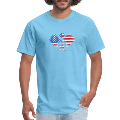 American Flag Pickleball Paddle T-Shirt - aquatic blue