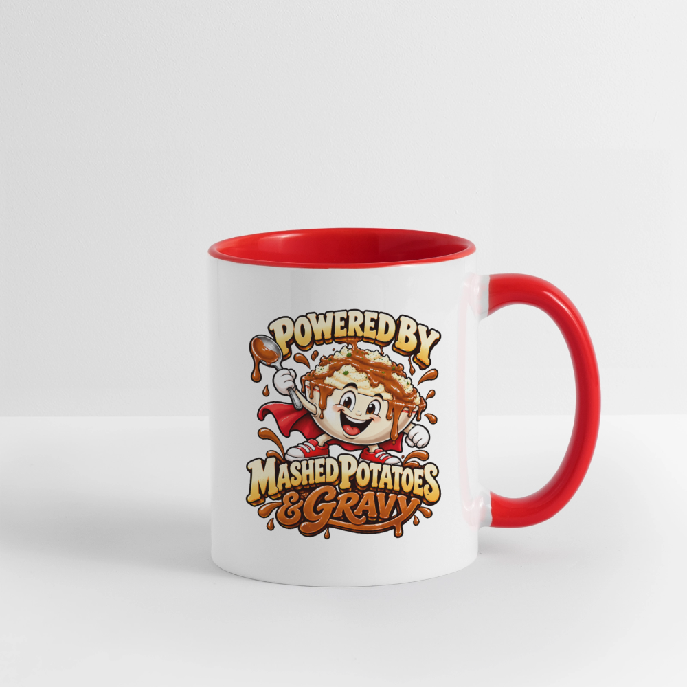 Powered by Mashed Potatoes & Gravy – Superhero Coffee Mug - white/red