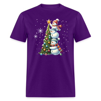 Cute Snowman Decorating Christmas Tree T-Shirt - purple