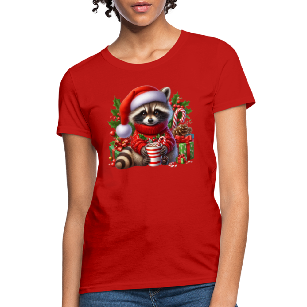 Christmas Cute Feral Raccoon Women's Contoured T-Shirt - red