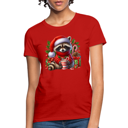 Christmas Cute Feral Raccoon Women's Contoured T-Shirt - red