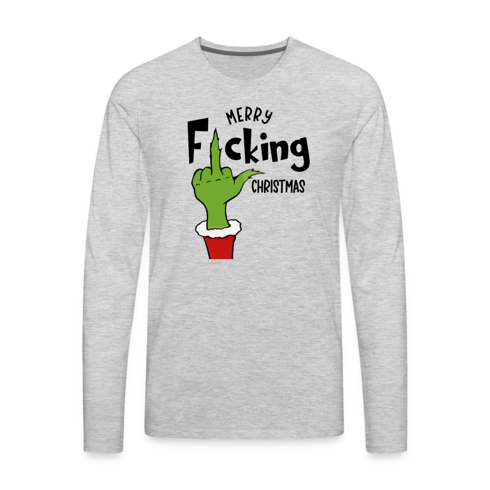 Merry F*cking Christmas Grumpy Middle Finger Men's Premium Long Sleeve T-Shirt - heather gray