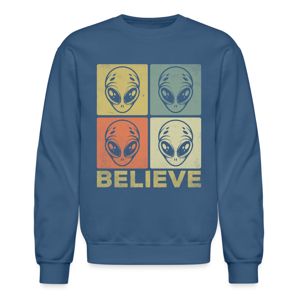 Believe Alien Sweatshirt – Fun UFO Style with Alien Faces Color: indigo blue