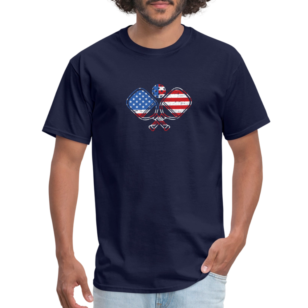 American Flag Pickleball Paddle T-Shirt - navy