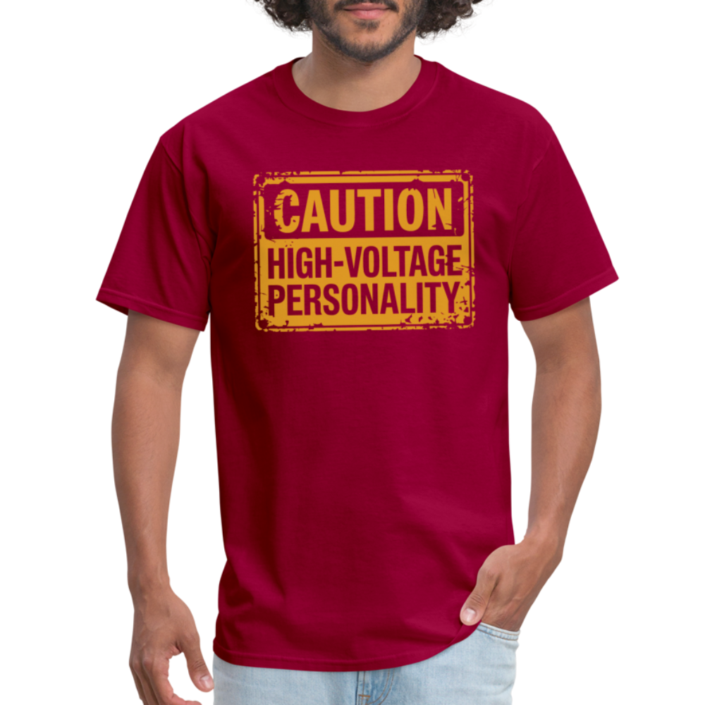 Caution High Voltage Personality T-Shirt - dark red