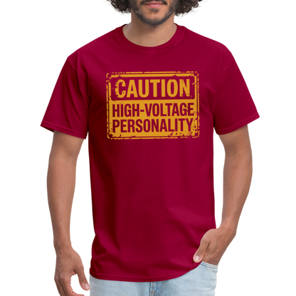 Caution High Voltage Personality T-Shirt - dark red