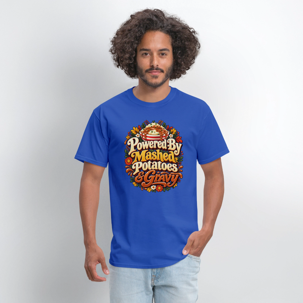 Powered by Mashed Potatoes & Gravy – Fall Floral T-Shirt - royal blue