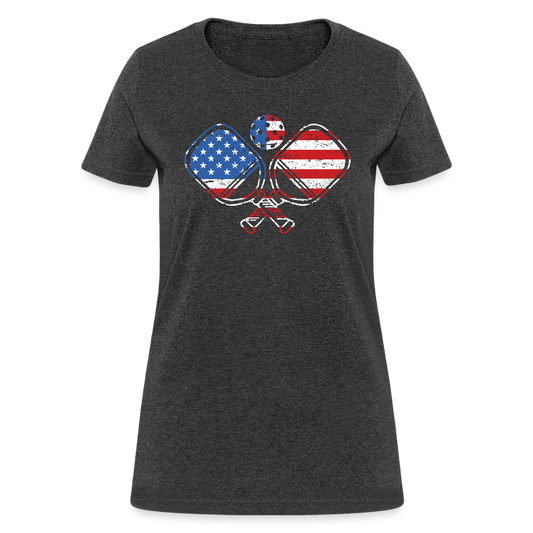 American Flag Pickleball Paddle Women's Contoured T-Shirt - heather black