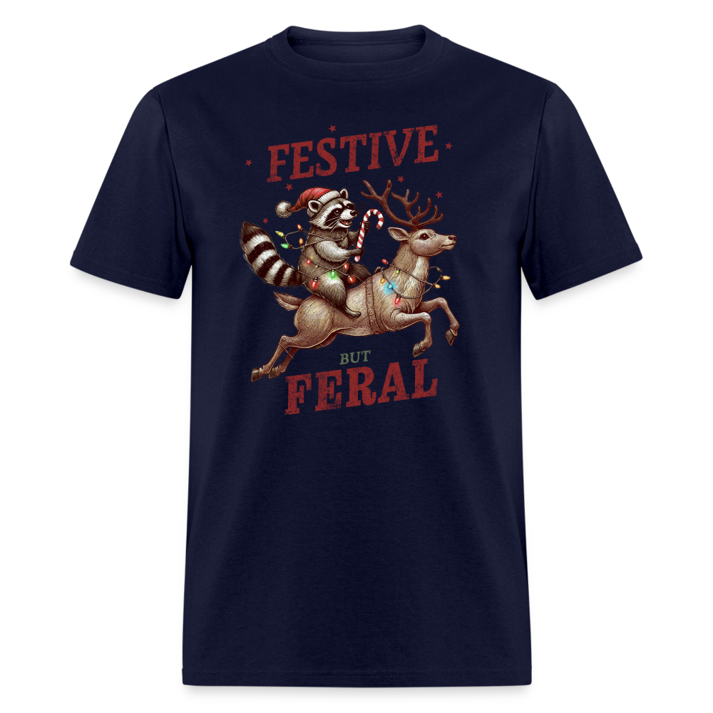 Festive But Feral Raccoon Christmas T-Shirt - navy