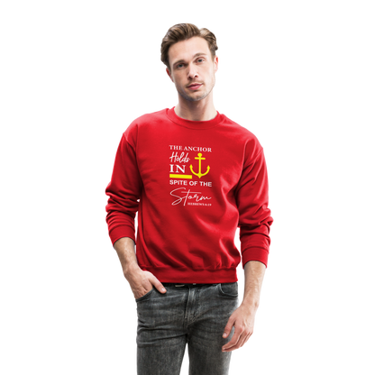 The Anchor Holds in Spit of the Storm Sweatshirt (Hebrews 6:19) - red